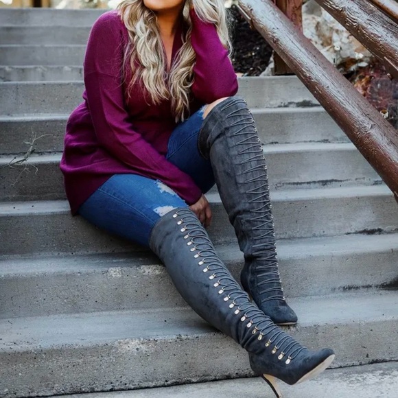 Thrill Shoes - Thrill Journee Collection NWT Sz 7 Gray Faux Leather Over the Knee Lace-Up Boots